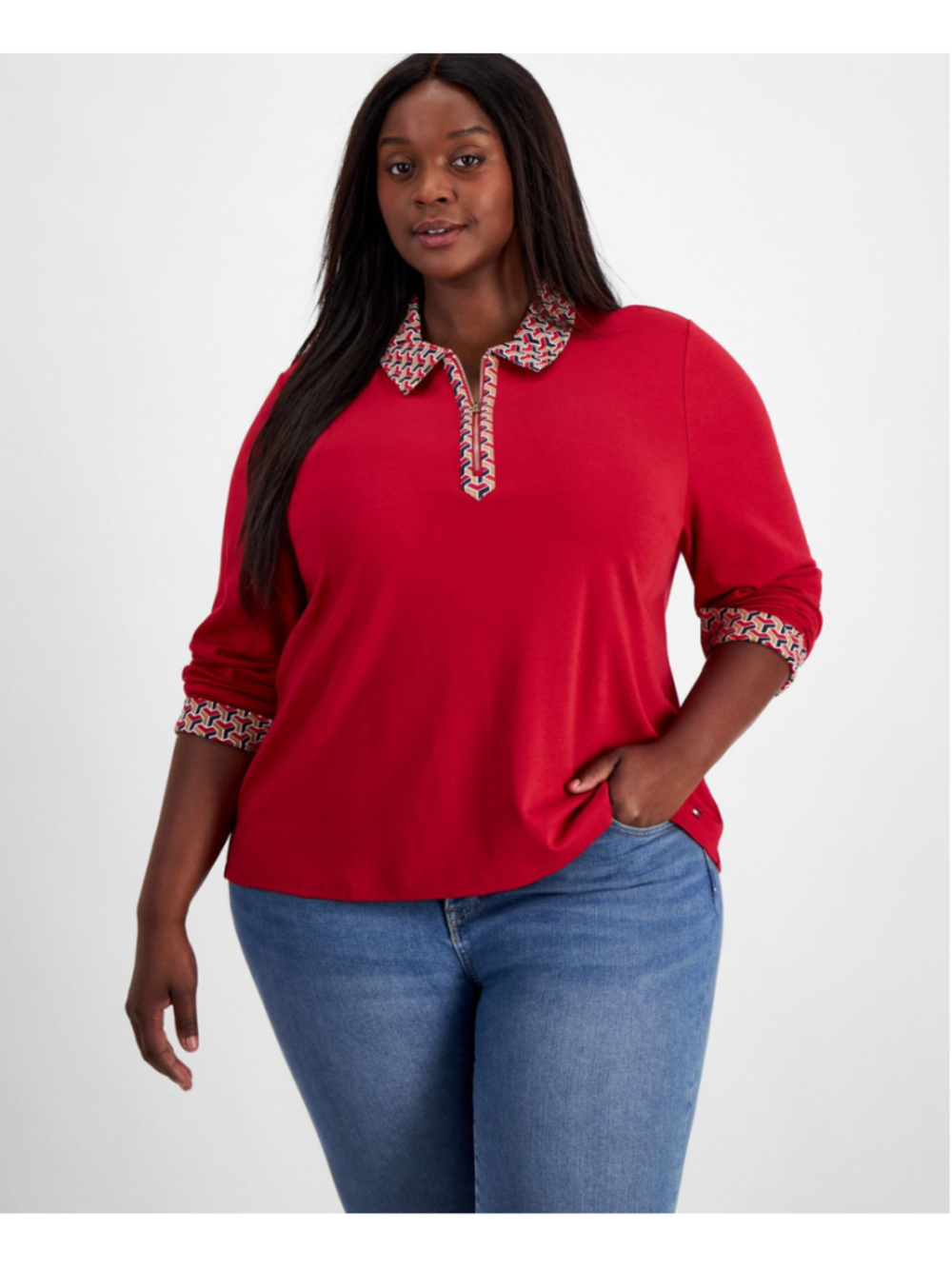 Tommy Hilfiger Plus Size 2X Red 100% Cotton Geo-Print-Trim Top NWT